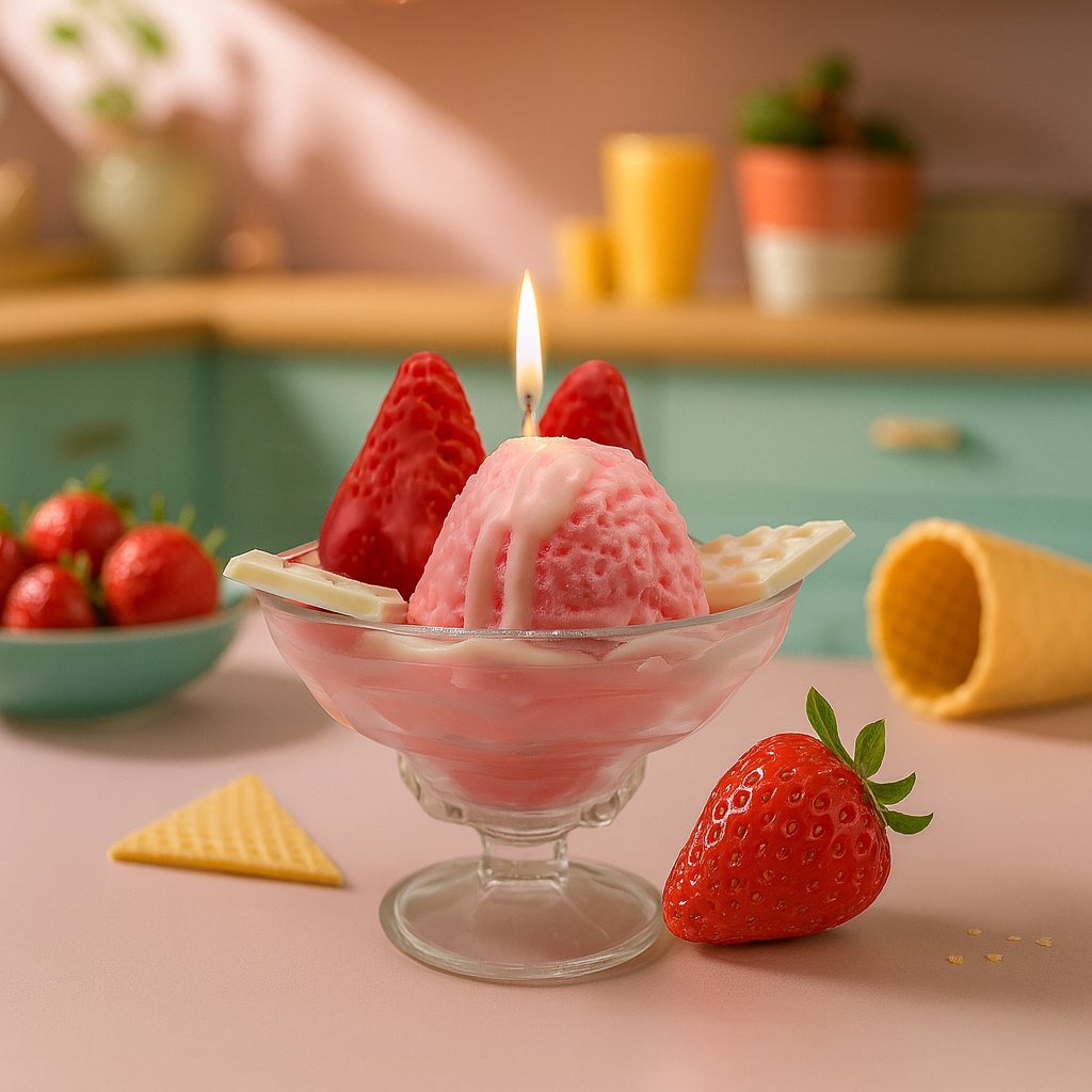 Strawberry Ice Cream Soy Candle – Pink, Red & White – Sweet Strawberry Scent