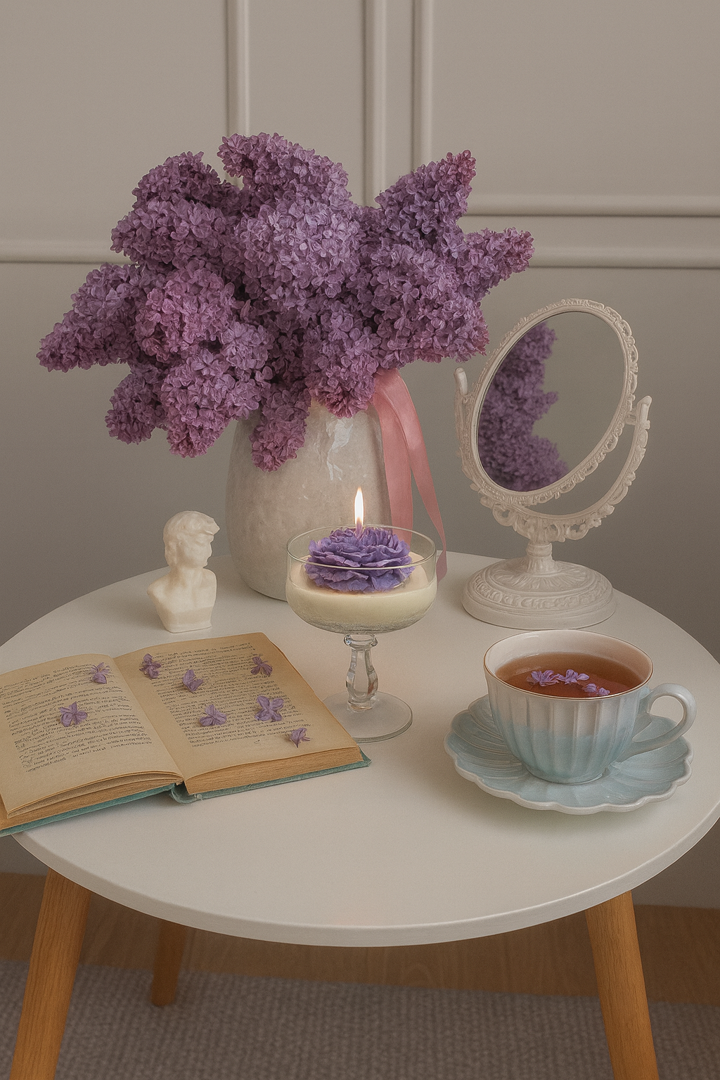 Candela floreale alla lavanda in vetro – Cera di soia – Bianco e viola – Profumo di lavanda