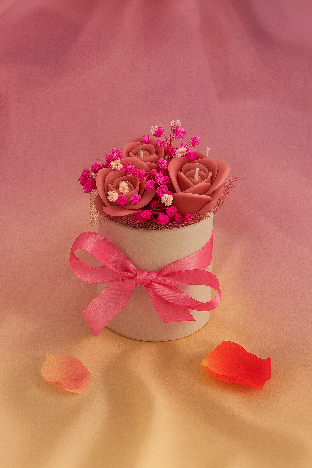 Pink Flower Wax Decoration – Flower Box with Satin Ribbon, Artificial Baby's Breath & Tulle Decoration